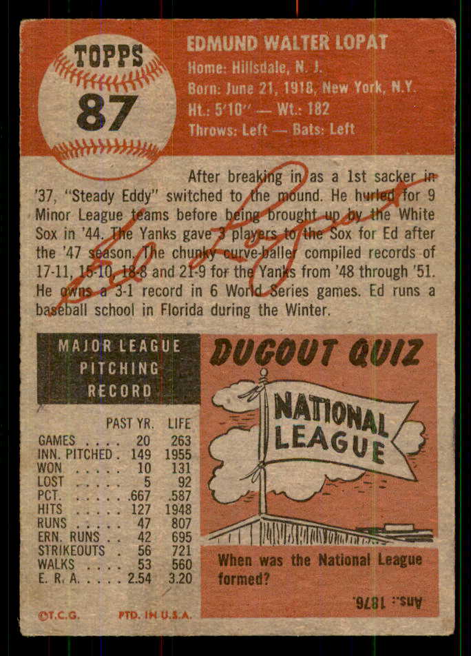 1953 Topps Baseball #087 Eddie Lopat Yankees VG-EX 555639