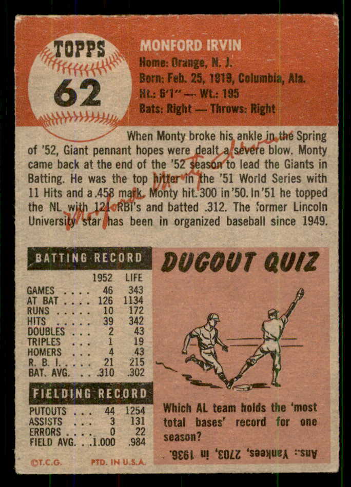 1953 Topps Baseball #062 Monte Irvin Giants VG-EX 555644