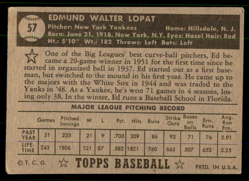 1952 Topps Baseball #057 Eddie Lopat Yankees VG-EX Black 555677