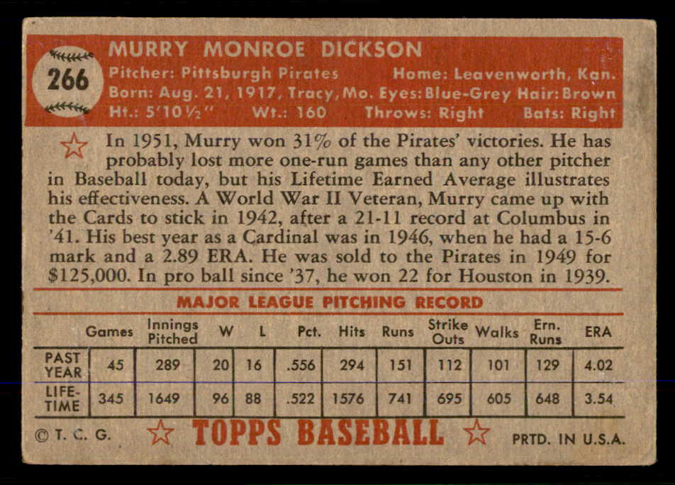 1952 Topps Baseball #266 Murry Dickson Pirates EX 555730