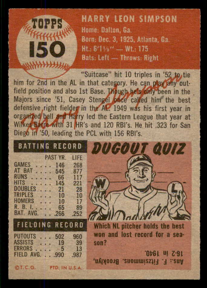 1953 Topps Baseball #150 Harry Simpson Indians EX-MT 555740