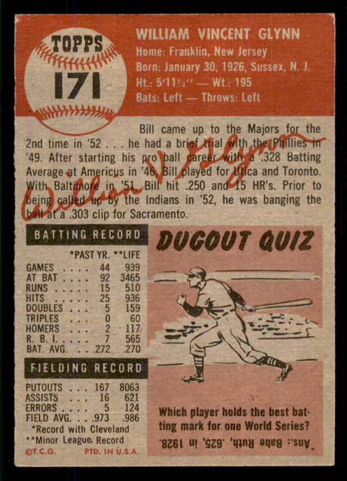 1953 Topps Baseball #171 Bill Glynn Indians EX-MT 555746