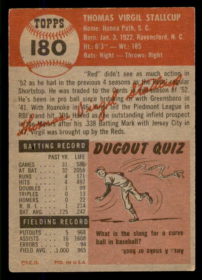 1953 Topps Baseball #180 Virgil Stallcup Cardinals EX-MT 555749