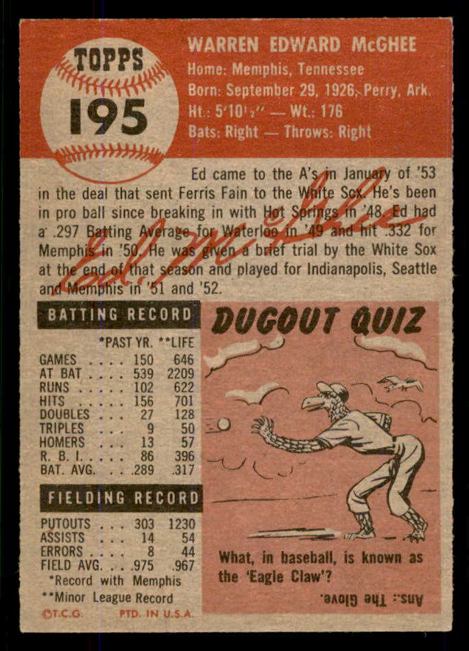 1953 Topps Baseball #195 Ed McGhee A's EX-MT 555754