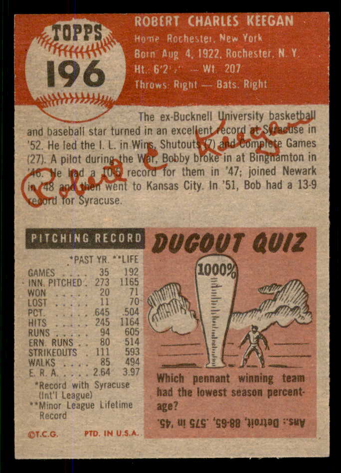 1953 Topps Baseball #196 Bob Keegan White Sox EX-MT 555755