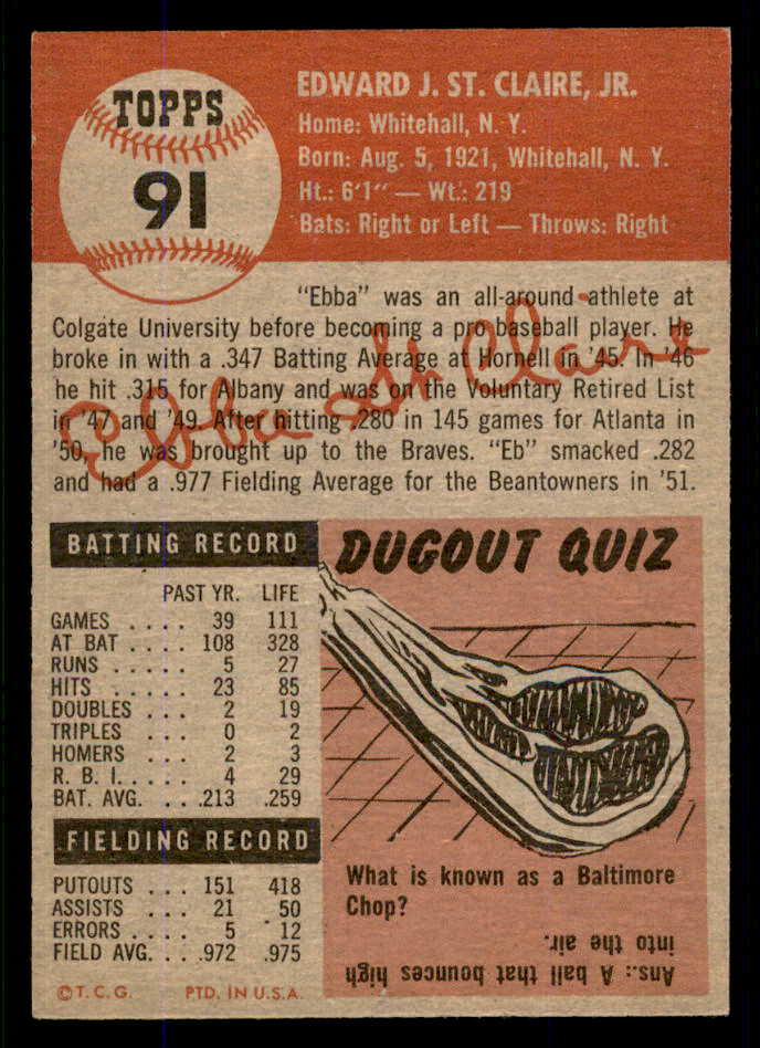 1953 Topps Baseball #091 Ebba St. Claire Braves EX-MT 555781