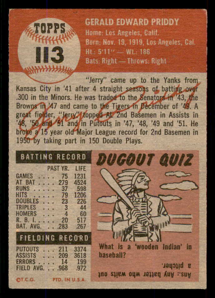1953 Topps Baseball #113 Jerry Priddy Tigers EX-MT 555785