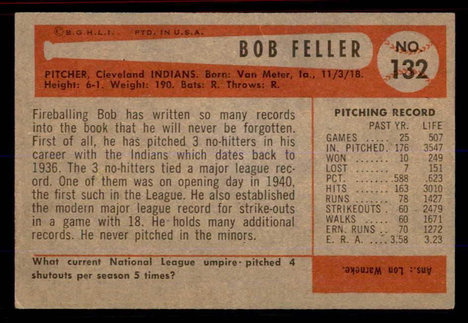 1954 Bowman Baseball #132 Bob Feller Indians VG-EX 555790