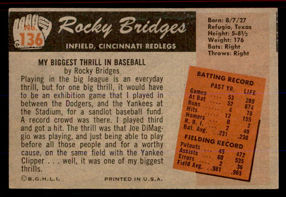 1955 Bowman Baseball #136 Rocky Bridges Reds EX-MT 555791