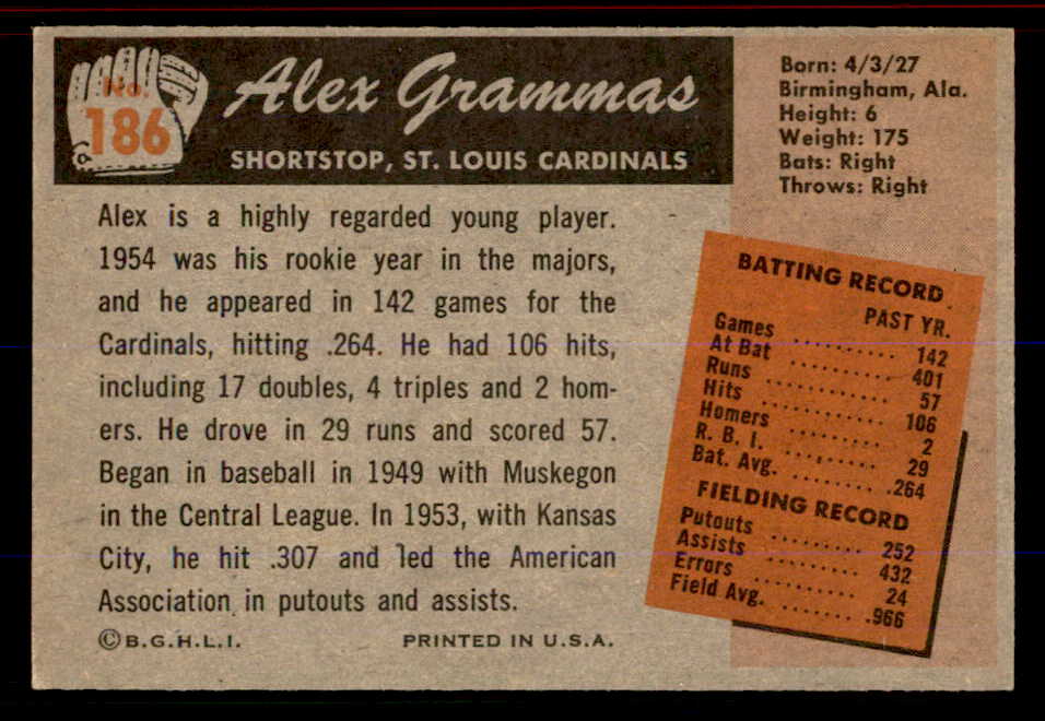 1955 Bowman Baseball #186 Alex Grammas Cardinals EX-MT 555793