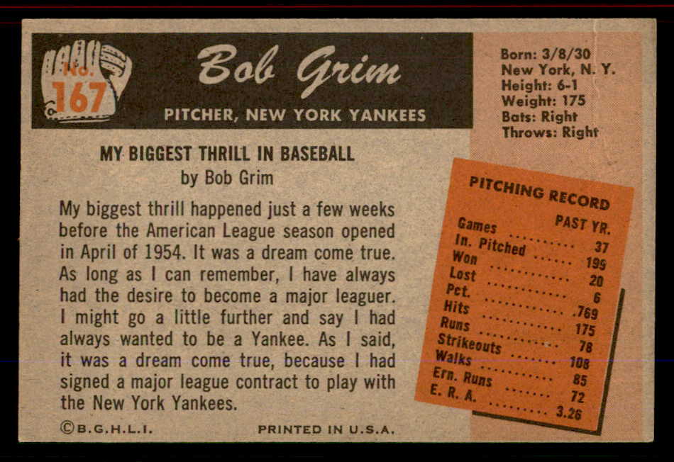 1955 Bowman Baseball #167 Bob Grim Yankees VG-EX 555797