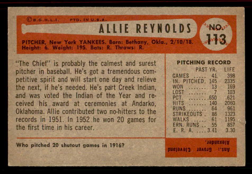 1954 Bowman Baseball #113 Allie Reynolds Yankees EX-MT 555802