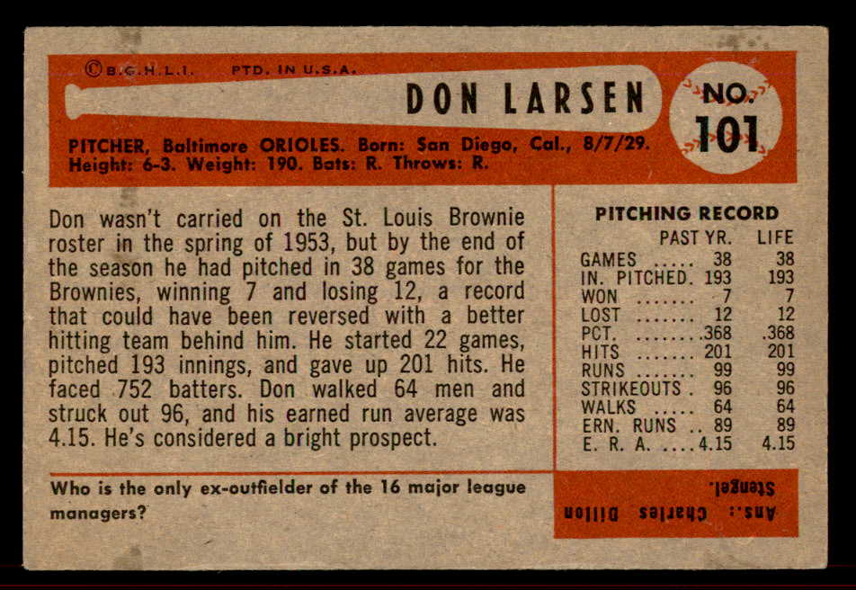 1954 Bowman Baseball #101 Don Larsen Orioles EX-MT 555831