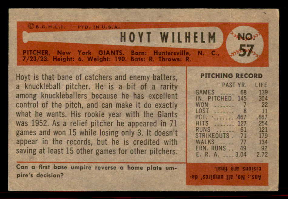 1954 Bowman Baseball #057 Hoyt Wilhelm Giants VG-EX 555835