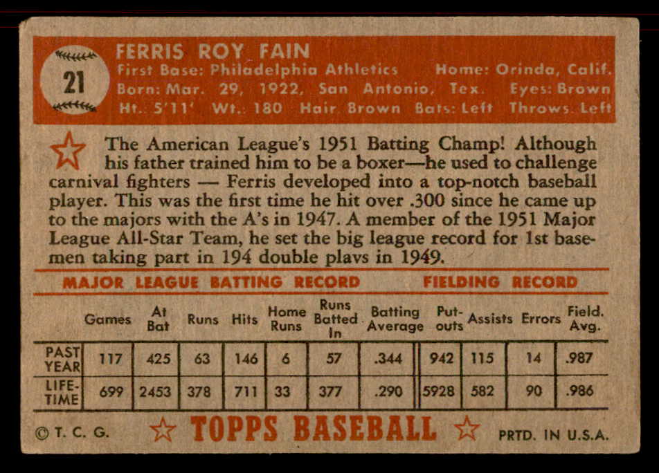 1952 Topps Baseball #021 Ferris Fain A's VG Red 555845