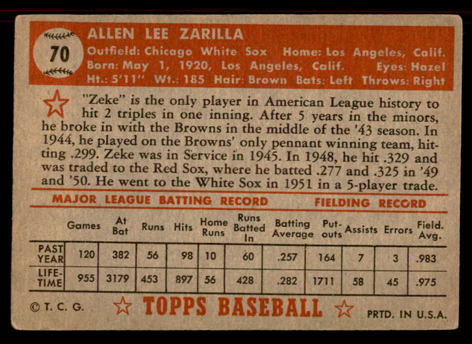 1952 Topps Baseball #070 Al Zarilla White Sox VG-EX Red 555848