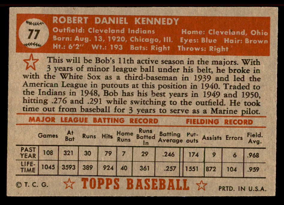 1952 Topps Baseball #077 Bob Kennedy Indians EX-MT Red 555879