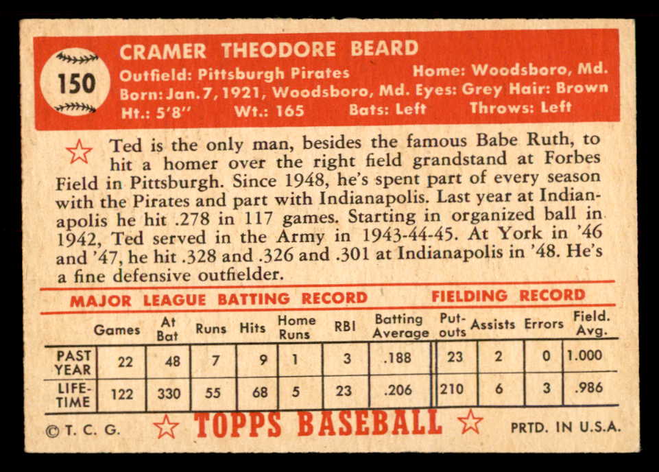 1952 Topps Baseball #150 Ted Beard Pirates EX-MT 555912