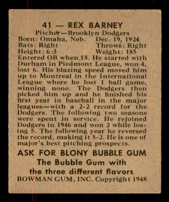 1948 Bowman Baseball #041 Rex Barney Dodgers EX-MT 555932