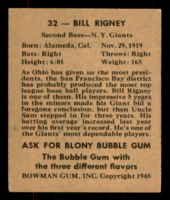 1948 Bowman Baseball #032 Bill Rigney Giants EX-MT 555935
