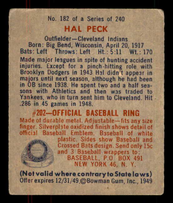 1949 Bowman Baseball #182 Hal Peck Indians VG-EX 555969