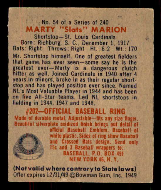 1949 Bowman Baseball #054 Marty Marion Cardinals EX+/EX-MT 555975