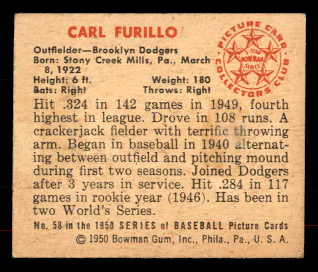 1950 Bowman Baseball #058 Carl Furillo Dodgers VG-EX 556044
