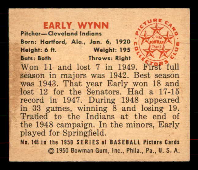 1950 Bowman Baseball #148 Early Wynn Indians EX-MT 556070