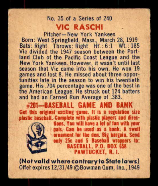 1949 Bowman Baseball #035 Vic Raschi Yankees EX-MT 556077