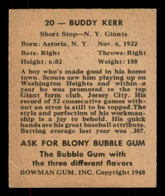 1948 Bowman Baseball #020 Buddy Kerr Giants VG-EX 556107