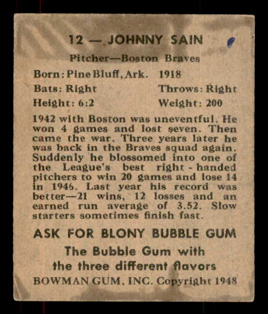 1948 Bowman Baseball #012 Johnny Sain Braves GD-VG 556110