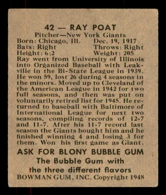 1948 Bowman Baseball #042 Ray Poat Giants VG-EX 556117