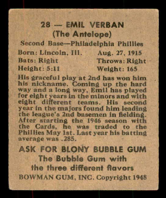1948 Bowman Baseball #028 Emil Verban Phillies VG-EX 556122