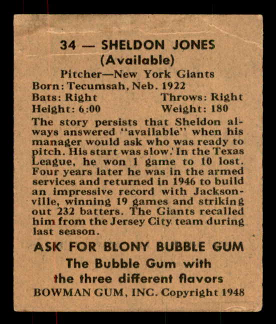 1948 Bowman Baseball #034 Sheldon Jones Giants GD-VG 556125