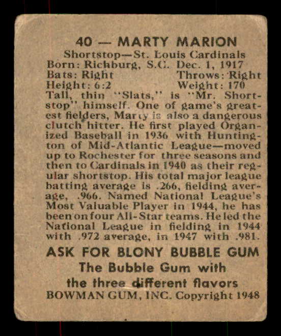 1948 Bowman Baseball #040 Marty Marion Cardinals GD-VG 556127