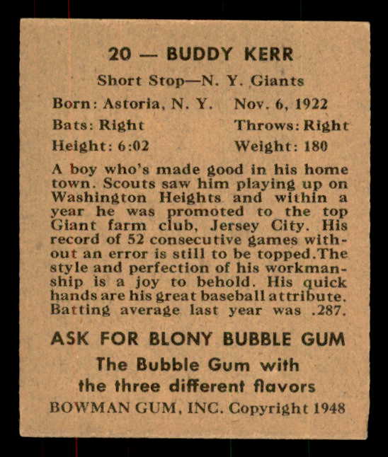 1948 Bowman Baseball #020 Buddy Kerr Giants EX-MT 556129