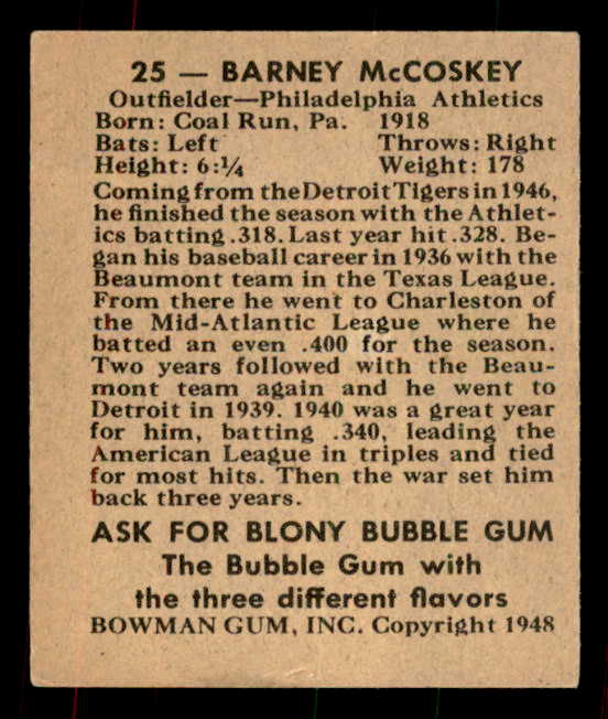 1948 Bowman Baseball #025 Barney Mccosky A's EX-MT 556130