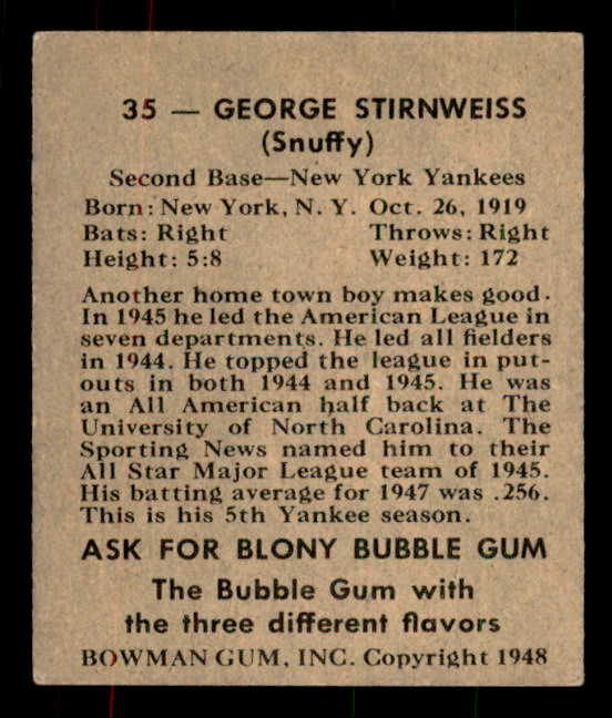 1948 Bowman Baseball #035 Snuffy Stirnweiss Yankees EX+/EX-MT 556131