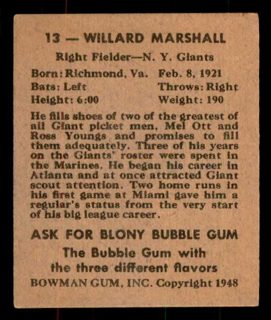 1948 Bowman Baseball #013 Willard Marshall Giants EX+/EX-MT 556133
