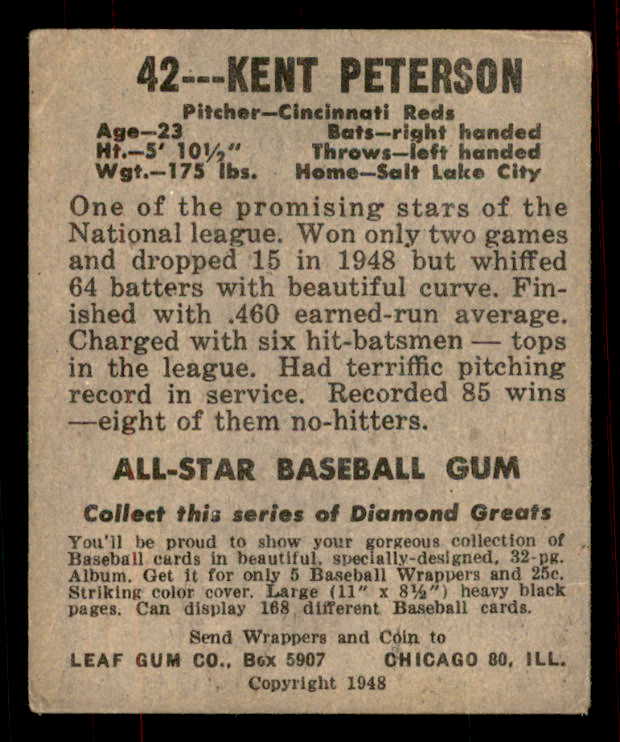 1948 Leaf Baseball #042 Kent Peterson Reds VG-EX Black Cap 556138