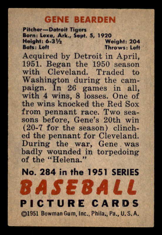 1951 Bowman Baseball #284 Gene Bearden Tigers EX-MT 556192