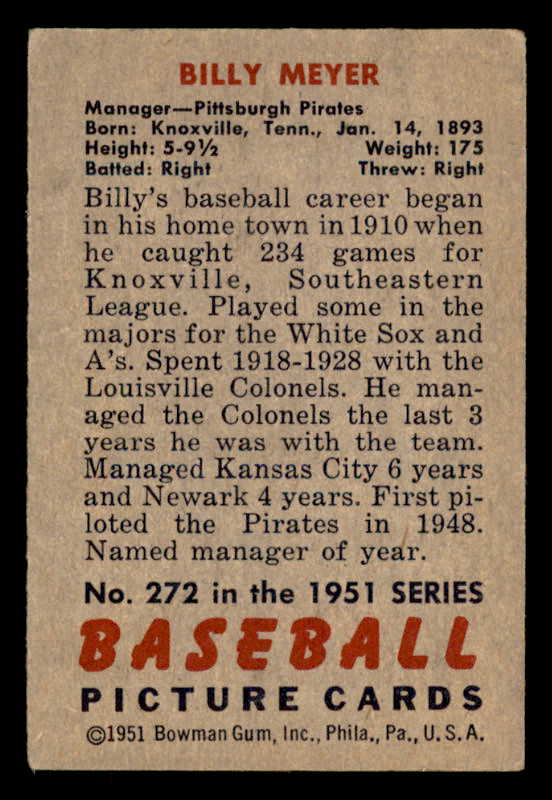 1951 Bowman Baseball #272 Billy Meyer Pirates VG-EX 556195