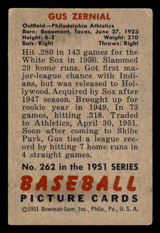 1951 Bowman Baseball #262 Gus Zernial A's VG-EX 556199