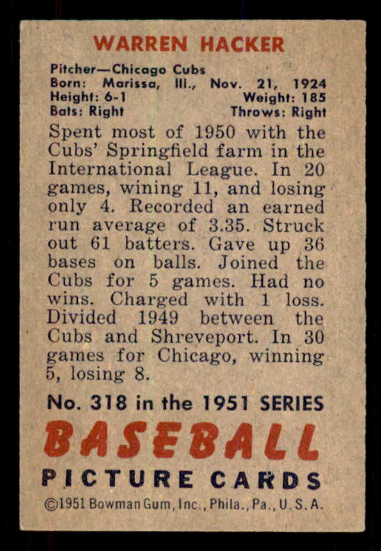 1951 Bowman Baseball #318 Warren Hacker Cubs EX-MT 556208