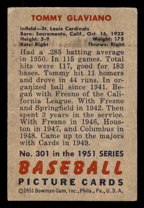 1951 Bowman Baseball #301 Tommy Glaviano Cardinals EX+/EX-MT 556217