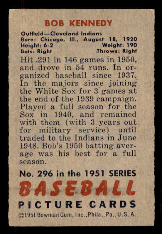 1951 Bowman Baseball #296 Bob Kennedy Indians EX+/EX-MT 556219