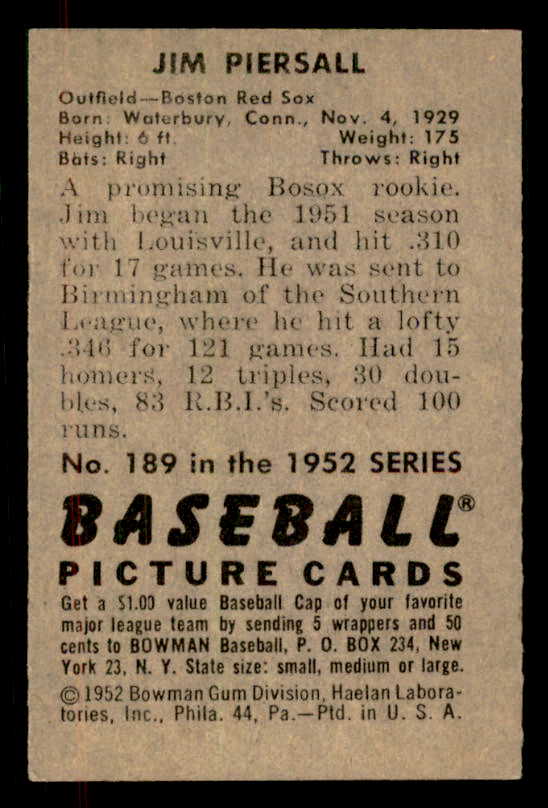 1952 Bowman Baseball #189 Jimmy Piersall Red Sox EX-MT 556235
