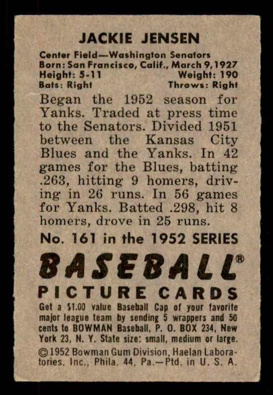 1952 Bowman Baseball #161 Jackie Jensen Senators EX 556241