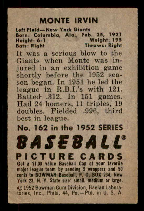 1952 Bowman Baseball #162 Monte Irvin Giants VG-EX 556253