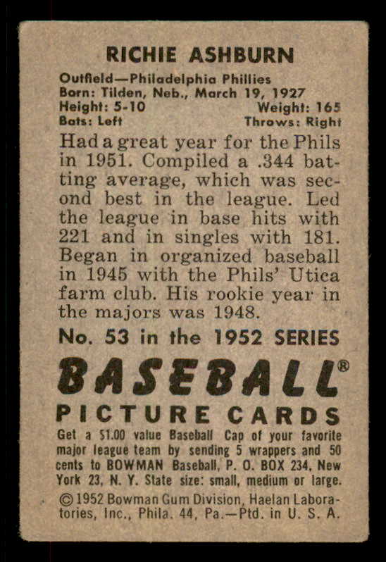 1952 Bowman Baseball #053 Richie Ashburn Phillies VG-EX 556261